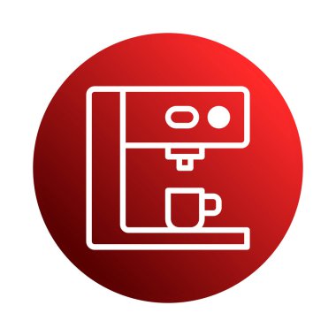Kırmızı dairenin içindeki bir kahve makinesinin minimalist çizgisi çizimi. Kahve, enerji ya da modern aletleri temsil etmek için ideal..
