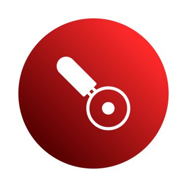Kırmızı daire içinde minimalist beyaz pizza kesicisi çizimi, mutfak tasarımı veya web sitesi simgeleri için ideal.