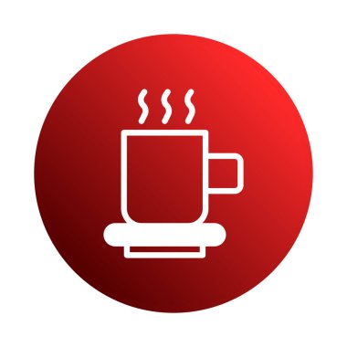 Minimalist bir tasarım beyaz kahve kupası simgesi sergiliyor, parlak kırmızı dairesel bir arkaplan üzerine kurulu. Bu resim kahveyle ilgili konular için mükemmel..