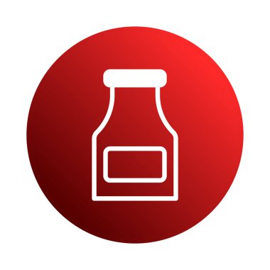 Beyaz çizgilerle çizilmiş ketçap şişesinin minimalist vektör çizimi, canlı kırmızı dairesel arka plan, markalaşma ve mutfak uygulamaları için mükemmel..