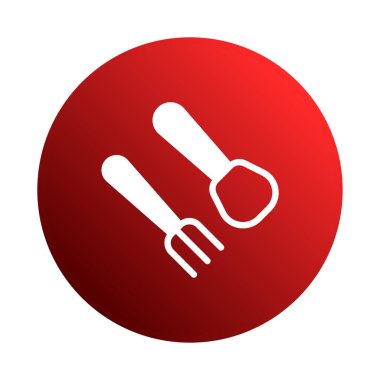 Minimalist bir vektör grafiği, yiyecekle ilgili tasarımlar için ideal kırmızı bir arka plan üzerinde beyaz çatal ve kaşık silueti içerir..