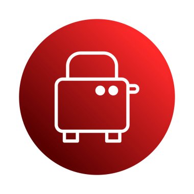 Kırmızı daire arka planında beyaz çizgili bir tost makinesinin minimalist çizimi mutfak aletlerini ve modern tasarımı sembolize ediyor..