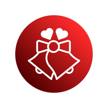 Kırmızı dairesel arka planda kalpleri olan iki beyaz düğün çanı gösteren bir vektör çizimi. Düğünlerle, kutlamalarla veya romantik etkinliklerle ilgili tasarımlar için mükemmel..