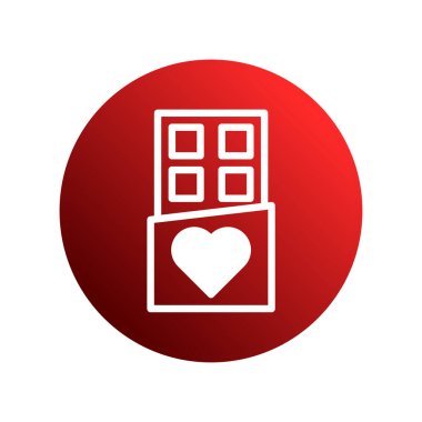 Görsel olarak çekici bir çikolata ikonu, ambalajında bir kalp olan canlı kırmızı daire arka planı, aşkı ve tatlılığı sembolize ediyor..