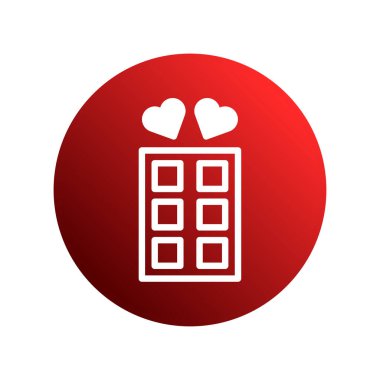 Üzerinde kırmızı bir daire şeklinde iki kalp olan çikolata çubuğu olan bir ikon. Sevgililer Günü çikolatasını ya da romantik hediyesini temsil eden basit ve tatlı bir grafik..