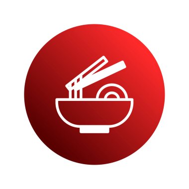 Bir minimalist ikon yemek çubuklarıyla bir kase erişte tasvir ediyor, canlı kırmızı gradyan çemberine karşı kurulmuş. Restoranlar, gıda şirketleri ve markalaşma malzemeleri için ideal..