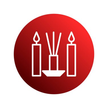 İki mum ve bir dağıtıcı gösteren bir simge, kırmızı bir gradyan çemberine karşı ayarlanmış. Tasarım rahatlamayı ve aromaterapiyi temsil eder..