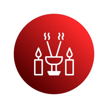 Bir kadehte iki mum ve tütsü bulunan soyut vektör illüstrasyonu, canlı kırmızı bir daire çizerek ritüel ve aromatik gelenekleri temsil ediyor..