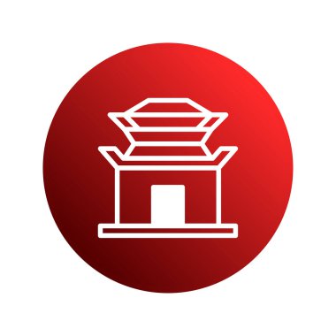 Kültürel logolar ve geleneksel Asya mimarisini temsil eden ikonlar için uygun kırmızı bir eğimli çember üzerinde Asyalı mimari sembolünün minimalist tasarımı.