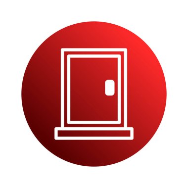 Beyaz bir kapı simgesinin minimalist vektör çizimi canlı kırmızı bir zemin üzerine kurulmuş. Web tasarımı, sunumlar ve diğer grafik projeler için ideal.
