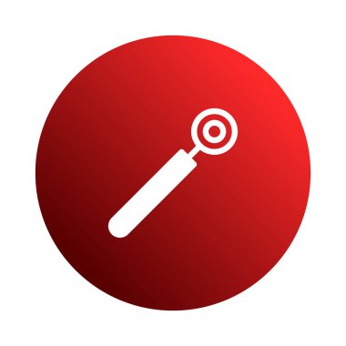 Arkaplanda kırmızı bir çember şeklinde bir diş aynası. Görüntü, ağız sağlığı ve hijyen, dişçi ekipmanları ve tıbbi muayeneyi temsil etmektedir..