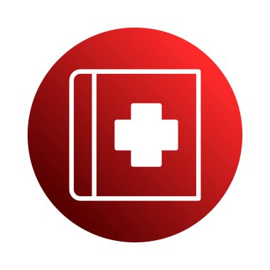 Beyaz haçlı kırmızı yuvarlak bir tıp kitabı ikonu sağlık hizmetlerini, acil durum kaynaklarını ve sağlık bilgilerine erişimi sembolize eder. Yardım, tedavi ve tıbbi uzmanlığı temsil eder..