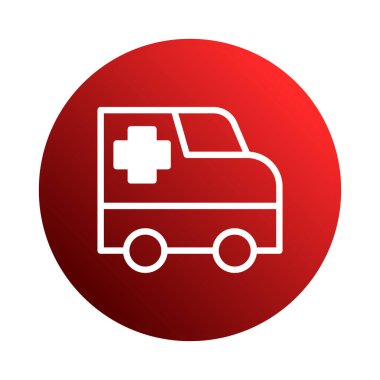 Kırmızı arka planda beyaz haçlı bir ambulansın beyaz çizgisi acil bakıma ihtiyacı olan hastalar için acil tıbbi hizmetleri ve ulaşımı sembolize eder..