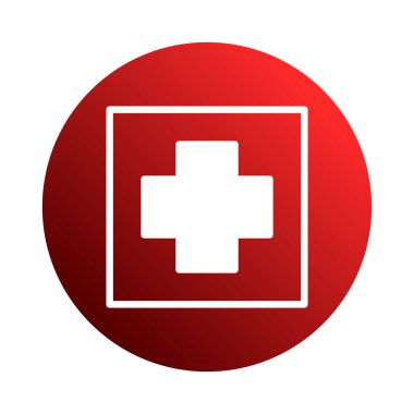 Beyaz tıbbi haç içeren çarpıcı kırmızı yuvarlak amblem sağlık hizmetleri, acil servisler ve klinik yardımı simgeler. Güvenlik, yardım ve tıbbi desteği temsil eder..