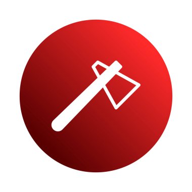 Beyaz bir balta simgesinin minimalist bir çizimi, koyu kırmızı bir dairenin ortasında, basit ama çarpıcı bir görsel yaratıyor..