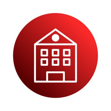 Bir okul binasının minimalist çizgi sanat simgesi canlı kırmızı bir gradyan çemberine karşıdır. Tasarım, öğrenme ve topluluğu taşır.