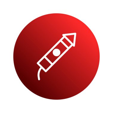 Gösterişli bir vektör illüstrasyonunda, koyu kırmızı bir çember karşısında sadeleştirilmiş beyaz havai fişek roketi ana hatları, somutlaştırıcı kutlamalar ve neşeli tezahüratlar yer alıyor..
