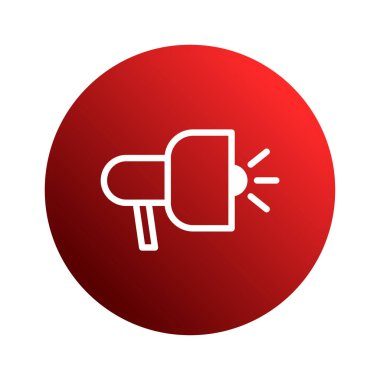 Kırmızı daire, beyaz bir megafon sembolü gösterir, duyuruları, pazarlamayı ve iletişimi temsil eder, yayın, reklam ve stratejik tasarımda kullanımını vurgular..