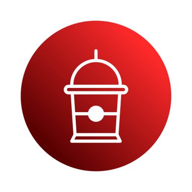 Canlı kırmızı bir daire üzerinde beyaz bir ana hatlı, logolar veya sosyal medya grafikleri için mükemmel bir balonlu çay içeceğinin minimalist bir çizimi..