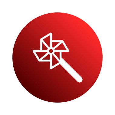 Kırmızı çemberdeki beyaz bir fırıldağın minimalist çizimi. Çocukluk eğlencesi, yaz meltemleri ve çeşitli yaratıcı projeler için uygun neşeli enerji..