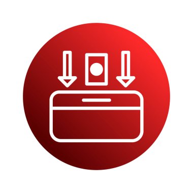 Web siteleri veya uygulamalar için uygun basitlik ve modern tasarımı vurgulayan, bir kutu, kart ve aşağı oklar ile veri girdisi veya depozitosunu gösteren bir minimalist kırmızı simge.