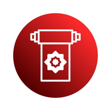 Bir minimalist ikon tasarımı, geometrik yıldız deseniyle süslenmiş, dindar ve geleneği sembolize eden, canlı kırmızı bir arkaplan üzerine kurulmuş bir İslami dua halısı..