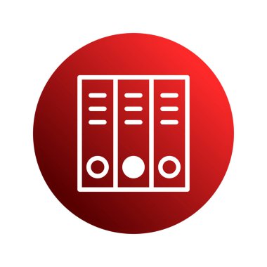Bir minimalist simge, koyu kırmızı eğimli bir daire üzerinde üç beyaz klasörü gösterir. Bu veri yönetimi, organizasyon ve dosya arşivlemesini temsil eder.