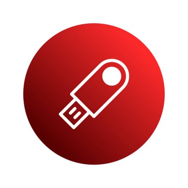 Bu resim, canlı kırmızı bir daireye karşı çizilmiş bir USB flash disk simgesini içerir. Dijital depolama, modern teknoloji ve veri taşınabilirliğini temsil ediyor..