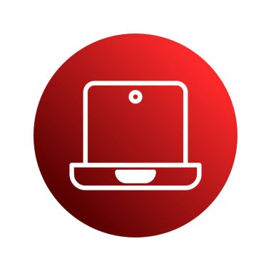 Beyaz dizüstü bilgisayar ikonu içeren temiz ve modern bir grafik canlı kırmızı bir daire üzerine kurulmuş, teknoloji, bağlantı ve dijital iletişimi temsil eden.