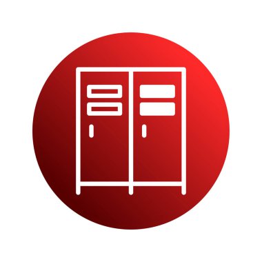 Temiz, modern bir grafik. Çift kapılı bir dolabın beyaz çizgisi. Kırmızı renkli, canlı bir arka plan. Okul, spor salonu veya spor temalı tasarımlar için ideal.