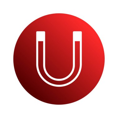 Beyaz at nalı mıknatısının yer aldığı kırmızı eğimli bir daire, manyetizma ve çekim kavramlarını göstermektedir. Eğitici materyaller ve bilimsel sunumlar için mükemmel.