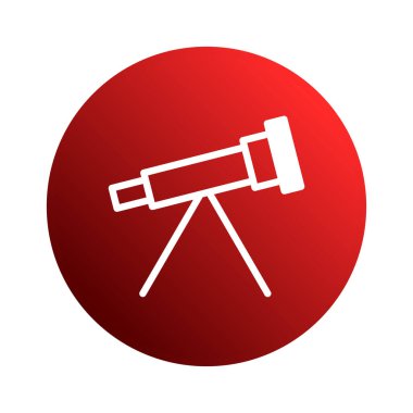 Kırmızı zemin üzerinde beyaz bir teleskop tasviri, bilim, astronomi, uzay keşfi ve bilgi arayışı temalarını temsil ediyor..