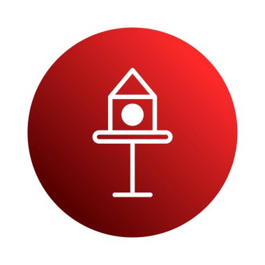 Bir kuş evinin minimalist bir illüstrasyonu cesur bir kırmızı eğimli çembere karşıdır. Basit tasarım bir logo veya simge için idealdir.