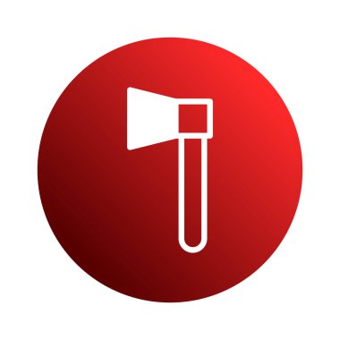 Beyaz çizgili minimalist bir balta simgesi, canlı kırmızı dairesel bir arkaplan üzerinde sunuluyor, tasarım için mükemmel, net, tanınabilir bir sembol gerektiriyor..