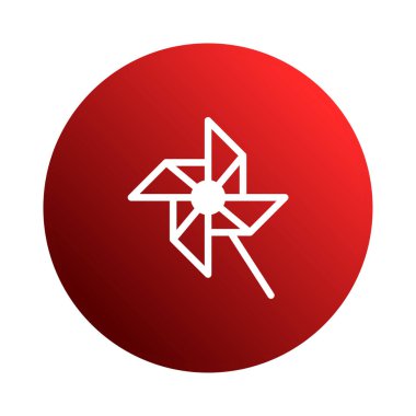 Beyaz bir yel değirmeni oyuncağının gradyan kırmızı çember üzerine yerleştirilmiş minimalist bir çizimi. Çocukluk eğlencesi, sürdürülebilir enerji ve basit tasarım ilkelerini sembolize eder..