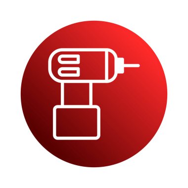 Değişik endüstriyel ve inşaat temaları için uygun olan eğimli kırmızı daireye karşı bembeyaz çizilmiş kablosuz matkabın basit ve temiz bir simgesi..