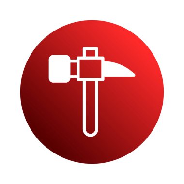 Minimalist beyaz çekiç simgesi canlı kırmızı dairesel arkaplan üzerine kurulmuş. Görüntü, çeşitli uygulamalar için uygun bir yapı veya onarım konsepti tasarımı illüstrasyonunu temsil etmektedir..