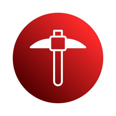 Kırmızı çember arkaplanındaki beyaz kazma çizimi, madenciliği ya da inşaatı temsil ediyor. Çeşitli tasarım projeleri için basit ve net simge.