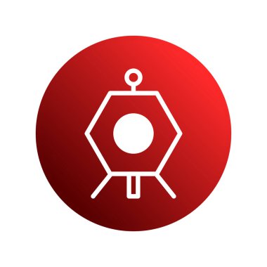 Beyaz altıgen içeren soyut geometrik şekil, içinde bir çember bulunan, bir üçayak tarafından desteklenen, gradyan kırmızı arkaplan üzerine kurulmuş. Modern grafik tasarımı ya da logo ögesi olarak ideal.