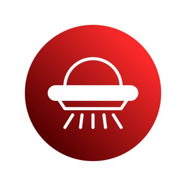 Kırmızı dairesel arka planda bir UFO 'nun beyaz simgesi, bilim kurgu, fütüristik teknoloji ve uzay keşiflerini temsil ediyor..