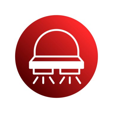 Canlı, kırmızı dairesel bir arka plan üzerine kurulmuş duş başlığını tasvir eden minimalist bir simge. Tasarım, temizlik ve modern banyo kavramlarını çağrıştırıyor..