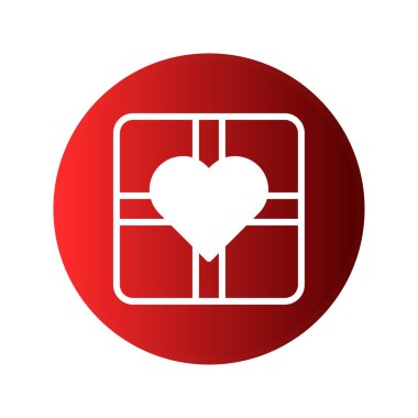 Minimalist grafik tasarım, beyaz kalp şeklinin kare bir hediye taslağı içinde, canlı kırmızı bir çember üzerine kurulmuş, aşkı ve sevgiyi simgeliyor..