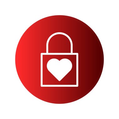 Kırmızı grafik tasarımı, dijital ve modern bir şekilde aşkı, güvenliği ve sevgiyi sembolize eden, kalbi olan beyaz bir asma kilidi içerir..