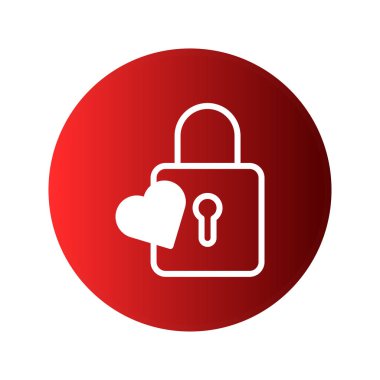 Renkli kırmızı bir çember üzerine kurulmuş, kalp şeklindeki beyaz çizgili bir kilidin minimalist vektör çizimi. Sevgi, güven ve şefkat taşımak için mükemmel..