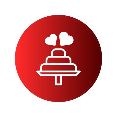 Kalp şekilli katmanlı bir pastanın minimalist bir illüstrasyonu, kırmızı dairesel bir arka plan üzerine kurulmuş, aşkı ve kutlamayı sembolize eder.