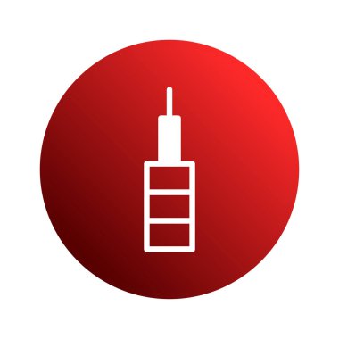 Beyaz, stilize bir gökdelen ikonu, modern mimari ve şehir gelişimini sembolize eden canlı kırmızı bir gradyan dairesi üzerine kuruludur. Web tasarımı, iş sunumları veya resimsel içerik için ideal.