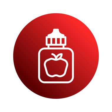 Bu resim canlı bir kırmızı daire arka planında, gıda ürünleri tasarımı ve markalaşma ihtiyaçları için ideal bir konteynır üzerinde elma sosunun stilize edilmiş beyaz bir simgesini içerir..