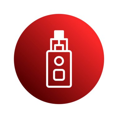 Minimalist bir tüp ikonu çizimi. Elektronik bir sigara cihazının beyaz çizgisi eğimli bir kırmızı daire içinde merkezlenir. Çeşitli uygulamalar için basit, modern bir tasarım.