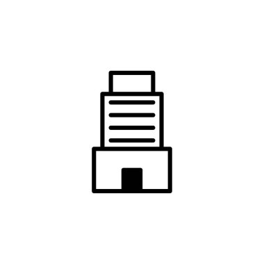 Katıksız siyah-beyaz mimari bir illüstrasyon, uzun bir bina veya ofis bloğunun, çeşitli izole edilmiş, temiz ve minimalist bir estetik içerisinde basitleştirilmiş geometrik bir temsilini göstermektedir.