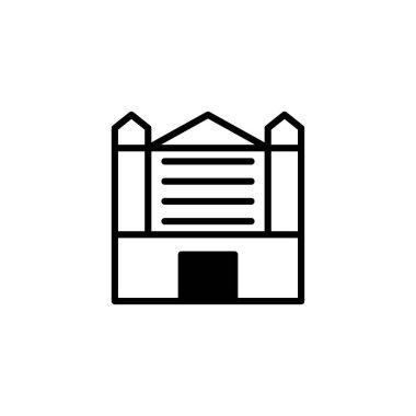 Bu minimalist simge, temiz çizgileri ve geometrik şekilleri olan bir binayı temsil ediyor. Mimari yapı ve tasarımı basit, zarif bir şekilde, kentsel planlama için ideal bir şekilde vurgular.